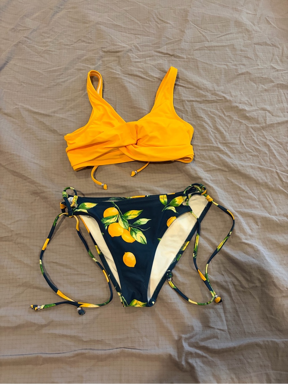 Women’s Yellow Twist-Front Bikini Top & Navy Lemon Print Tie-Side Bottom